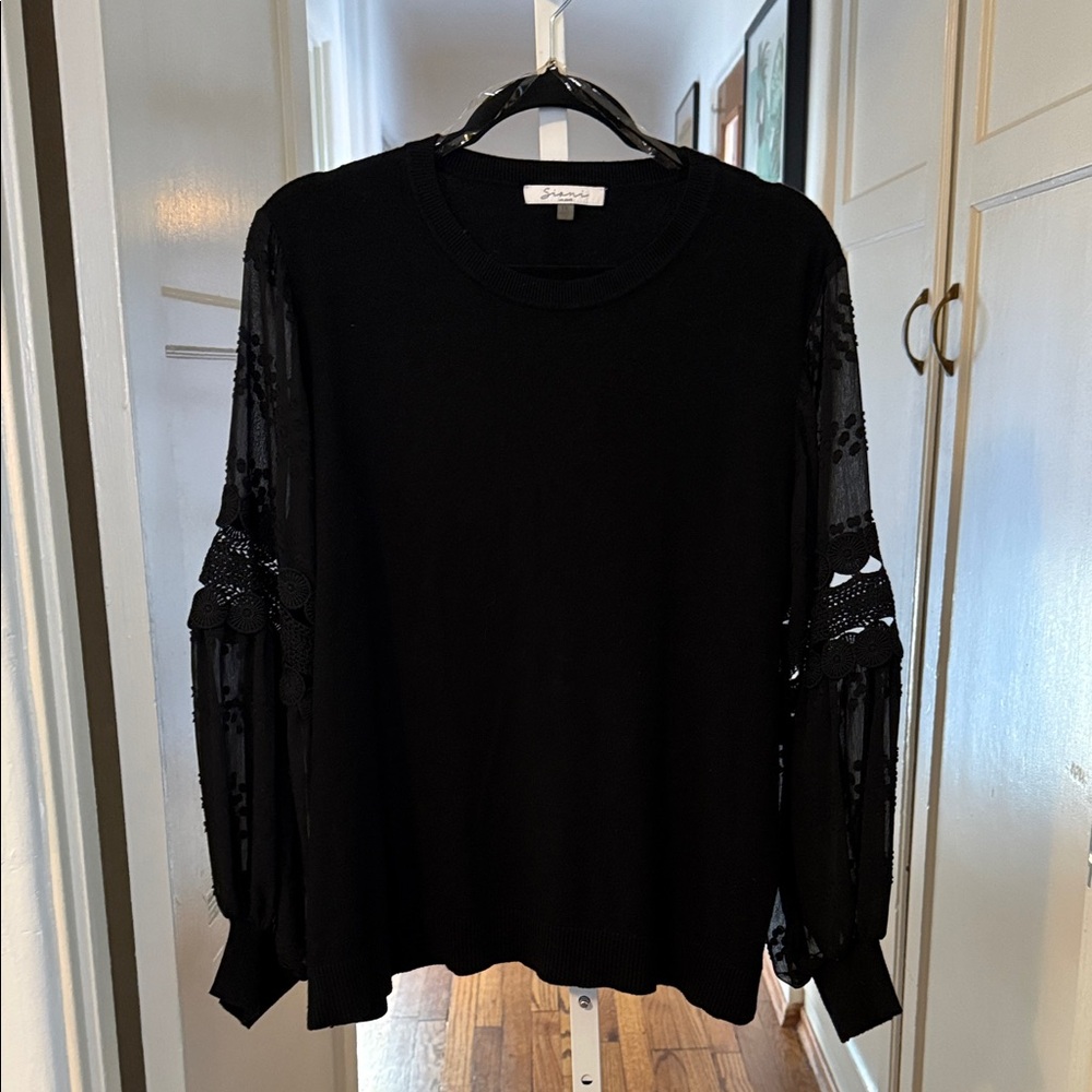 Siani Black Lace & Crochet sleeves Crewneck Sweater 1X